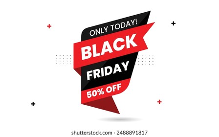 Black Friday Today! Get 50% off with our banner template featuring a white background and dynamic black and red shapes. Don't miss out on the best deals!