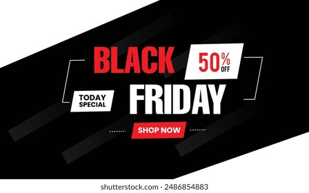 Black Friday Today Special! Save 50% with our banner template design featuring captivating elements on a sleek black background. Don't miss out on this exclusive offer! #BlackFriday #SpecialOffer