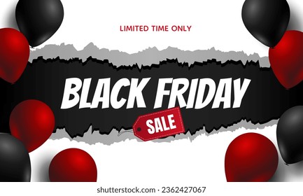 Black Friday torn paper background with red and black balloons 