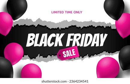Black Friday torn paper background with pink and black balloons	