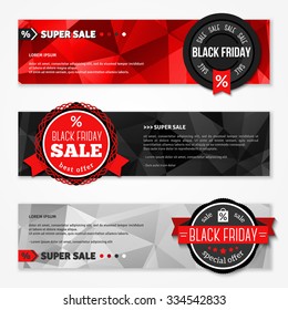 Black Friday Total Sale Horizontal Banners Set. Vector illustration. Triangles Polygonal Pattern with Badges with Ribbons. Place for Promotional Text, Typographic Template