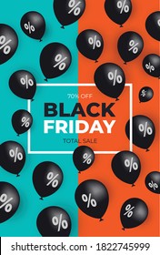 Black friday total sale vertical vector banner. Background with balloons