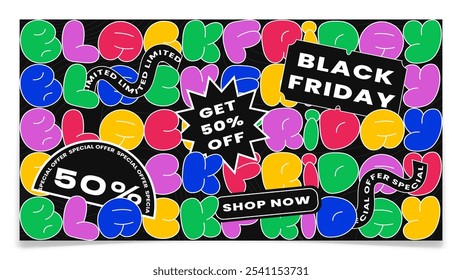 Black Friday trendy contemporary sticker style desktop. Colorful cartoon bubble letters. Get 50 off sale. Background for Ads at social media. Discount price promotion poster. Vector illustration