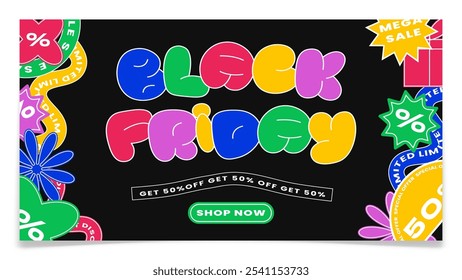 Black Friday trendy contemporary sticker style desktop background. Colorful cartoon bubble letters. Get 50 off sale. Ad social media post. Discount price promotion. Vector illustration