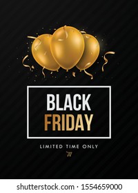 Black Friday Trendy Sale design template for advertisement, social and fashion ads. Realistic golden balloons on dark background. Stock vector illustration.