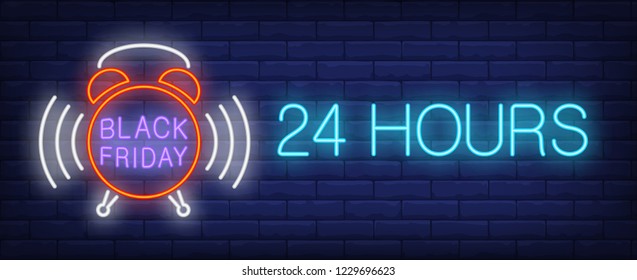 Black Friday, twenty four hours neon text, ringing alarm clock. Sale advertising design. Night bright neon sign, colorful billboard, light banner. Vector illustration in neon style.