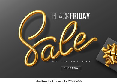 Diseño tipográfico del Viernes Negro. Señal de caligrafía metálica escrita a mano Venta con caja de regalo. Plantilla de banner de venta. Vector.