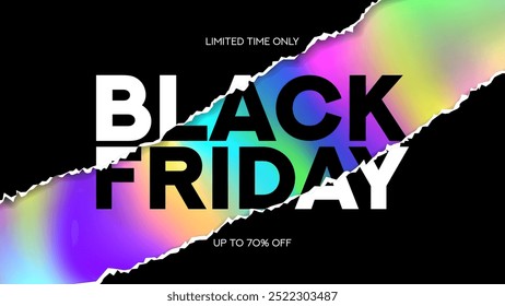 Black Friday typography background. Minimalist text symbol of Black Friday with holographic torn paper and discount offer. Design template for Black Friday sale, advertising and social media.