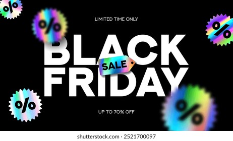 Banner da tipografia Black Friday. Símbolo de texto minimalista de Black Friday com adesivos holográficos e oferta de desconto. Modelo de design para venda Black Friday, publicidade e mídias sociais.