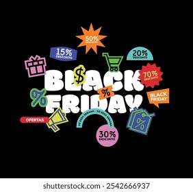 Banner da tipografia Black Friday. Símbolo de texto minimalista Black Friday com adesivos divertidos. Modelo de design para venda Black Friday, publicidade, promoção, ofertas e mídias sociais. Português colorido