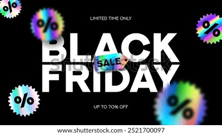 Black Friday typography banner. Minimalist text symbol of Black Friday with holographic stickers and discount offer. Design template for Black Friday sale, advertising and social media.