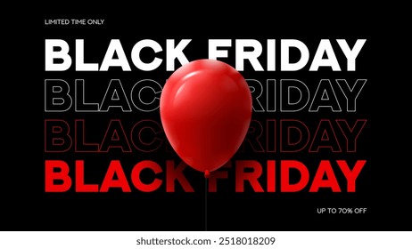 Black Friday typography banner. Modern minimal text symbol of Black Friday with red balloon and discount offer. Design template for Black Friday sale, promotion, advertising and social media ad.