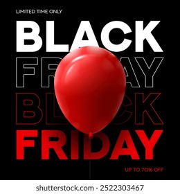 Black Friday typography banner. Modern minimal text symbol of Black Friday with red balloon and discount offer. Design template for Black Friday sale, promotion, advertising and social media ad.