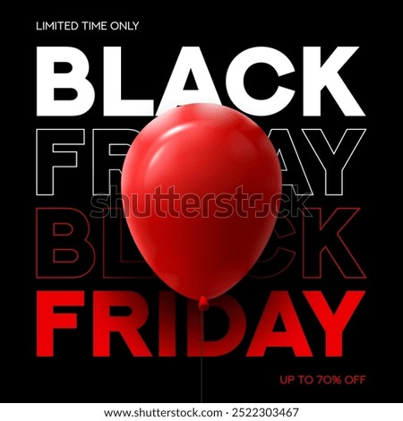 Black Friday typography banner. Modern minimal text symbol of Black Friday with red balloon and discount offer. Design template for Black Friday sale, promotion, advertising and social media ad.