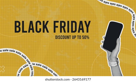 Anuncio de tipografía de Black Friday. Mano creativa de medio tono con teléfono. Ilustración de moda para Anuncio de Web, redes sociales, marketing. Texto Horizontal Venta de Black friday sobre fondo amarillo.