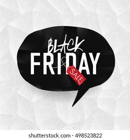 Black Friday Typography on black speech bubble, white triangle background