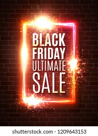 Black friday ultimate sale background. Discount sales festive backdrop with flashes stars fireworks particles on brick wall. Black friday design. Banner or flyer template. Colorful vector illustration