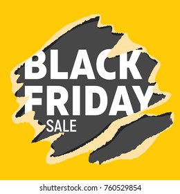 Black friday universal banner. White letters on black background teared into bright yellow wrapping paper. 