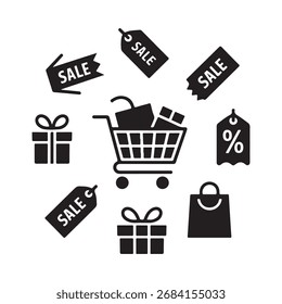 Viernes negro Vector Art Icon Pack Icono Set Silueta de Anuncio de la venda Fondo blanco y negro Icono de diseño de Sampol