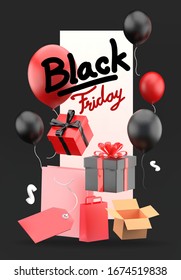 Black friday vector banner design. with back friday tag surrounded by balloon, giftbox and shopping bag on black background.