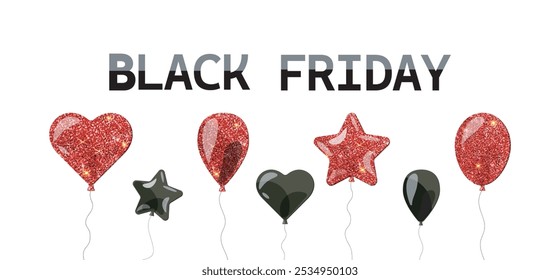 Black Friday vector banner with glitter red and black balloons. Discount flyer. Black friday sale.