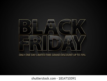 Black Friday vector banner. Glossy black text with thin golden frame on dark grey background. Window and gift glass effect reflection on letters. Limited time only grand sale gold color info