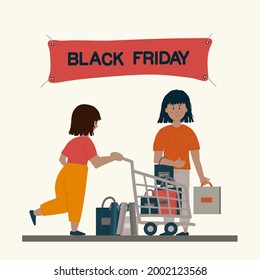 Black Friday vector banner. People on sale make purchases. A girl with a shopping basket and bags. Vector illustration