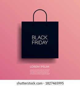 Black Friday vector banner or poster with modern dark 3D geometry design, shopping bag symbol. Discount, special offers promotion, shopping advertisement. Eps10 illustration.