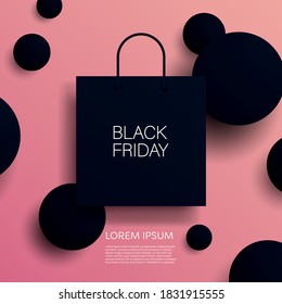 Black Friday vector banner or poster with modern dark 3D geometry design, shopping bag symbol. Discount, special offers promotion, shopping advertisement. Eps10 illustration.