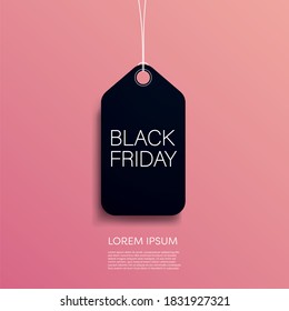 Black Friday vector banner or poster with modern dark 3D geometry design and price tag symbol. Discount, special offers promotion, shopping advertisement. Eps10 illustration.