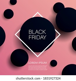 Black Friday vector banner or poster with modern dark 3D geometry design with frame. Discount, special offers promotion. Eps10 illustration.