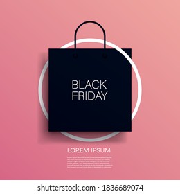 Black Friday vector banner or poster with modern dark 3D geometry design, shopping bag symbol. Discount, special offers promotion, shopping advertisement. Eps10 illustration.