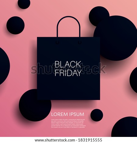 Black Friday vector banner or poster with modern dark 3D geometry design, shopping bag symbol. Discount, special offers promotion, shopping advertisement. Eps10 illustration.