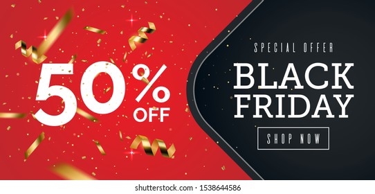 Plantilla de banner vectorial negro con fondo rojo. Decoración de banner de venta con cuerdas doradas de luz, partículas doradas de confeti y rebozadores. Plantilla de descuento del 50%.