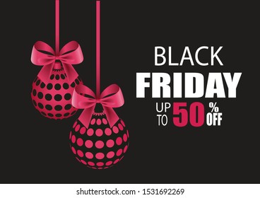 Black Friday vector with Christmas balls on black background. 