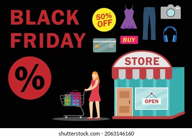 Concepto vectorial del viernes negro. Mujer feliz empujando un carro de la compra mientras compraba en la tienda durante la venta del viernes negro