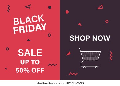 Black friday vector concept: Black friday sale up to 50% off text on the red background 