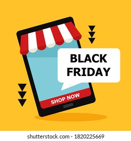 Black Friday. Vector concept of shopping via mobile app online. Illustration with memphis style elements.