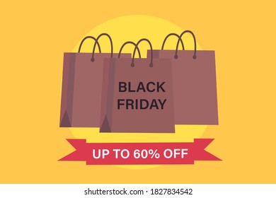 Black friday vector concept: Word of black friday on the shopping bag with up to 60% off text on the ribbon