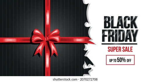 Black Friday Vector Creative Banner. Torn Gift box Shape with Satin Red Ribbon. Black Friday Super Sale Banner Template. 