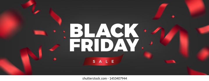 Black Friday vector design. Black background with flying red festive ribbons. Elegant confetti decoration, long panoramic banner layout template