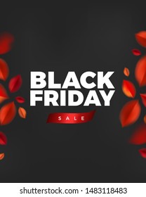 Black Friday vector design. Dark background with flying red autumn leaves and white bright text. Elegant festive decoration, vertical poster or web banner layout template