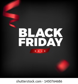Black Friday vector design. Minimalistic background with flying red festive ribbons. Elegant confetti decoration, square banner layout template