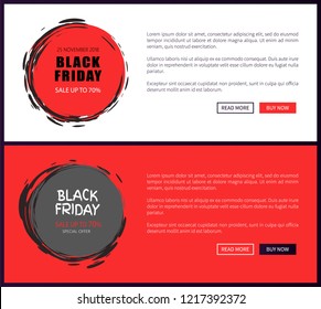 Black Friday vector discount round badges with sketch frame on web site pages, push buttons, 70 percent off. Price tag templates, big sale on 25 November 2018.