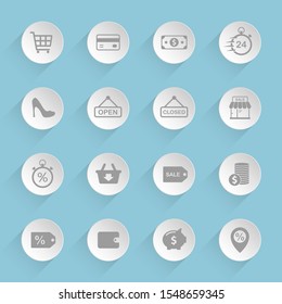 Black friday vector icons on round puffy paper circles with transparent shadows on blue background. Stock vector icons for web, mobile and user interface design