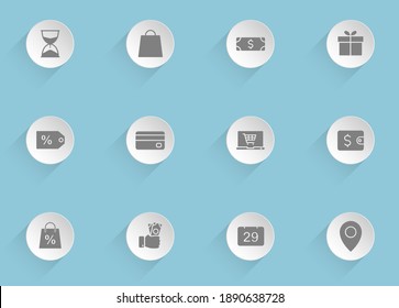 Iconos vectoriales del viernes negro en círculos redondos de papel pulido con sombras transparentes sobre fondo azul. Iconos vectoriales de stock para diseño de interfaz web, móvil y de usuario
