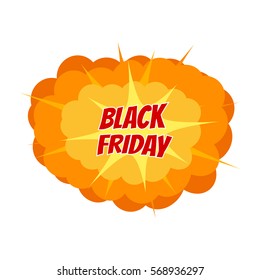 Black friday, vector illustration. Big cartoon bomb explosion. Colored with text.