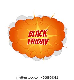 Black friday, vector illustration. Big cartoon bomb explosion. Colored with text.