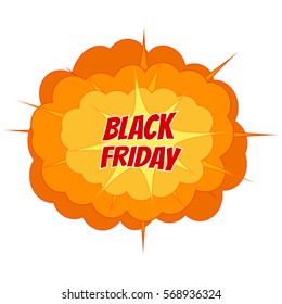 Black friday, vector illustration. Big cartoon bomb explosion. Colored with text.