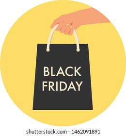 Black Friday vector illustration. Flat style hand holding black shopping bag. Rounded illustration. Concept of sale, discount.